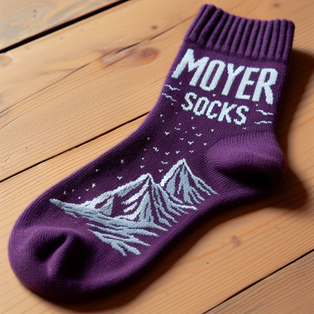 A purple woolen custom sock lying on a wooden floor. It has the logo of the company on it.