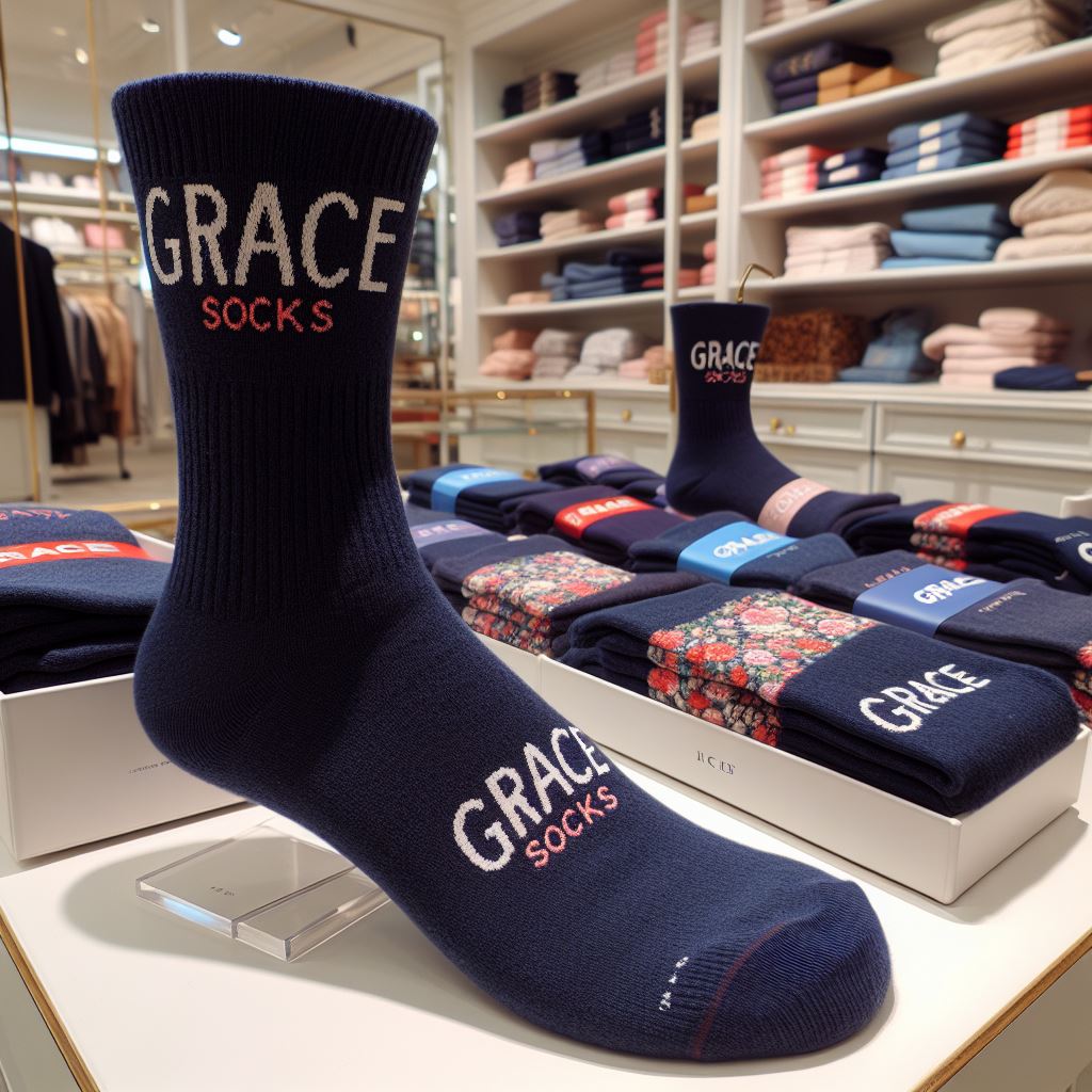 A navy custom sock with a logo in a shop.
