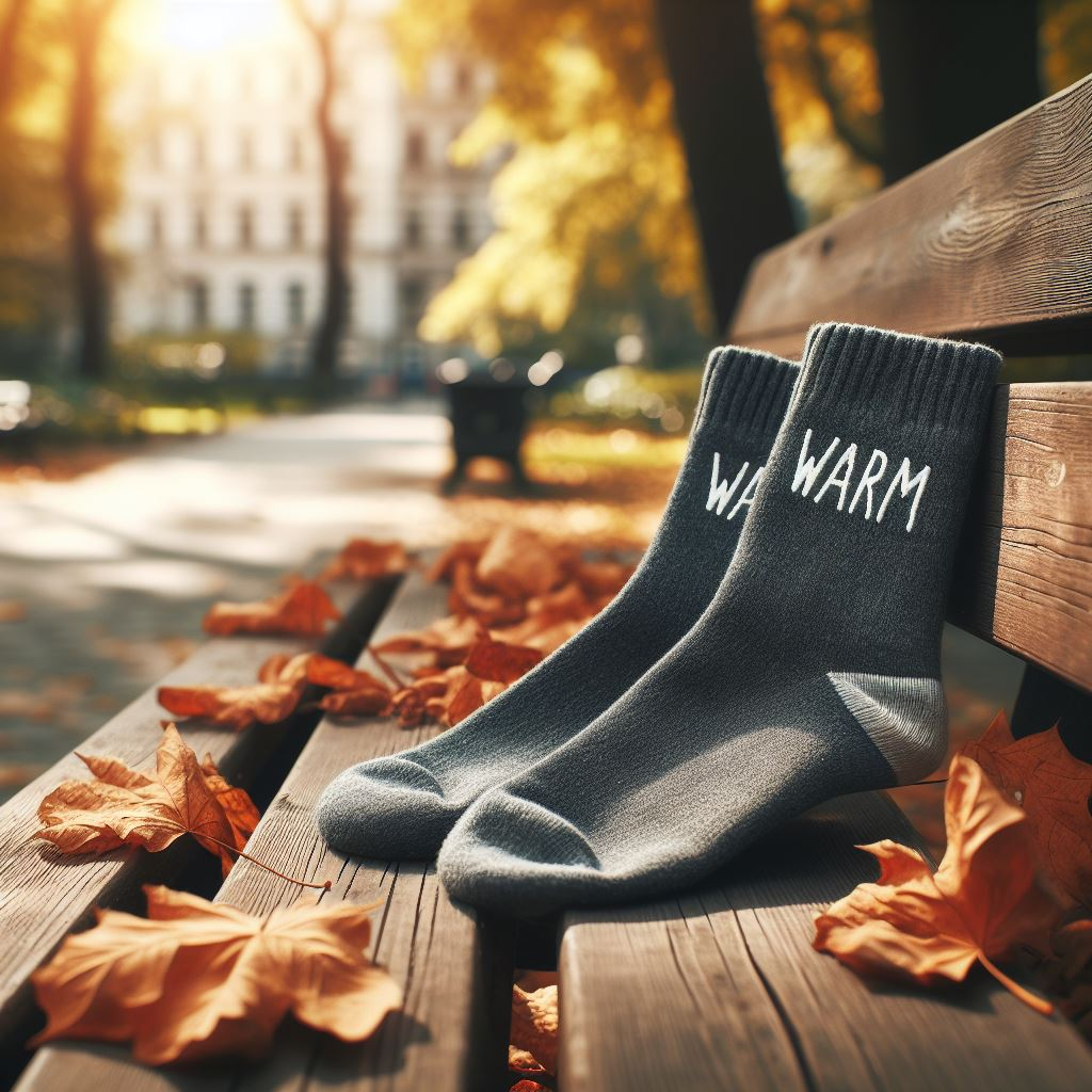 A gray custom sock with the logo in white, made by EverLighten is lying on a park bench.