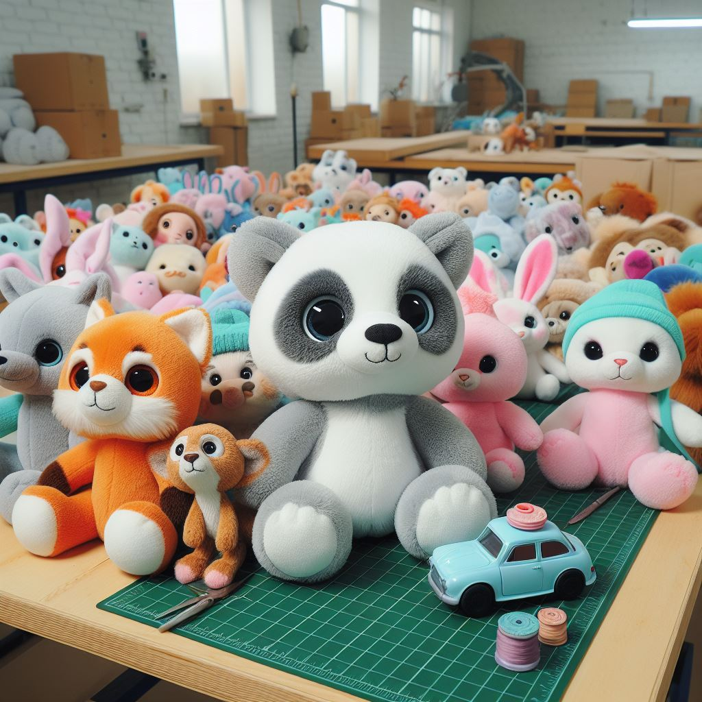 Various custom plushies on a factory table.
