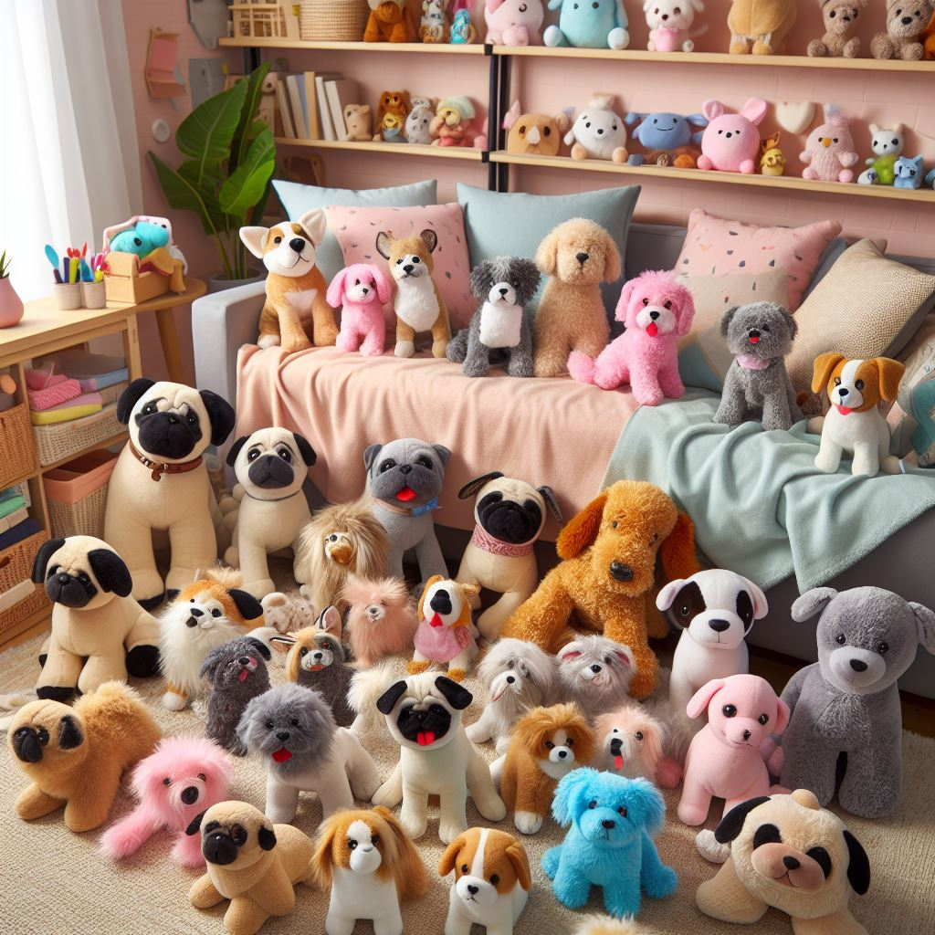 Various custom plush toys of dogs. They are in different colors and sizes. A few of them are on a bed while others are on the floor.