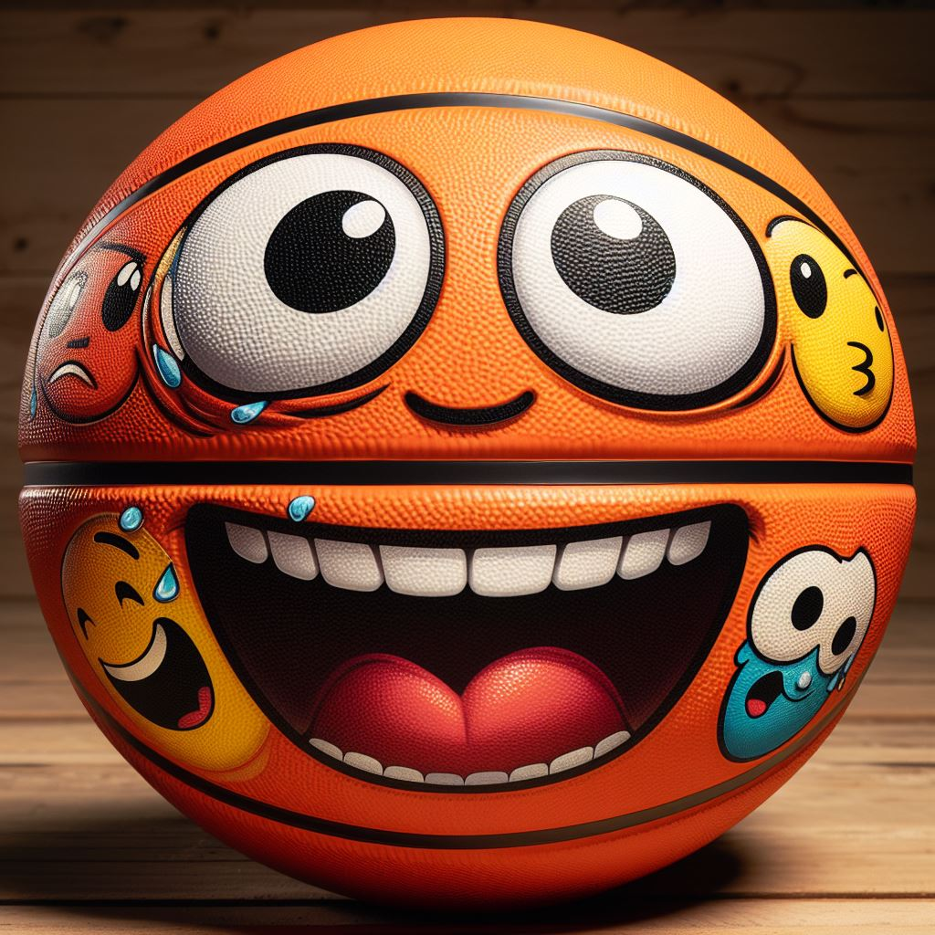 A custom basketball with a creative design. It has various emojis printed on it.