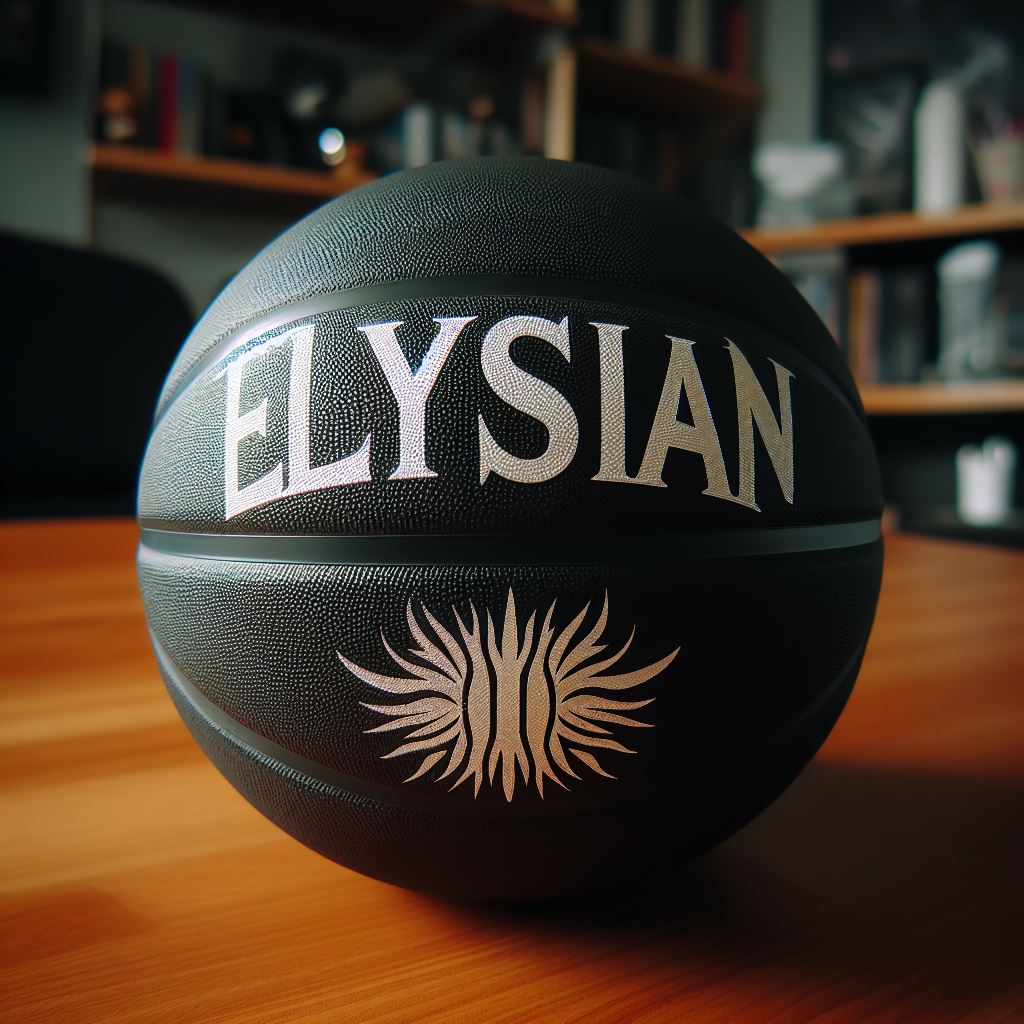 A customized basketball with the company's logo. It is kept on a table.