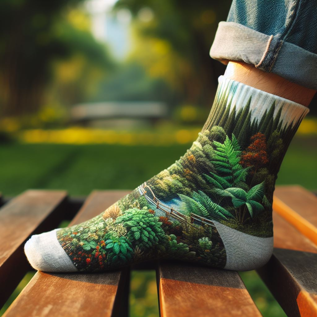 A person wearing custom socks from EverLighten with an image of green flora. He is sitting on a park bench.