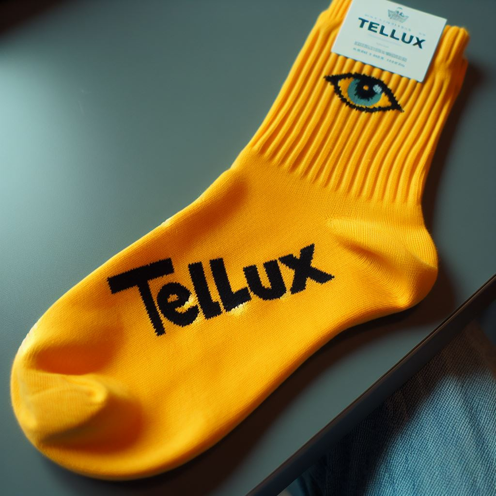 A yellow custom sock with a logo. It is lying on a table.