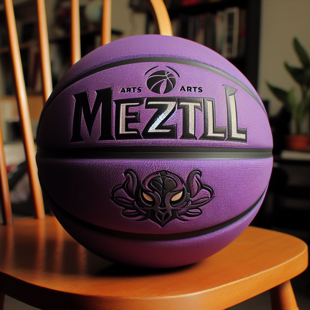 A purple custom basketball with the company's logo. The ball is on a chair.