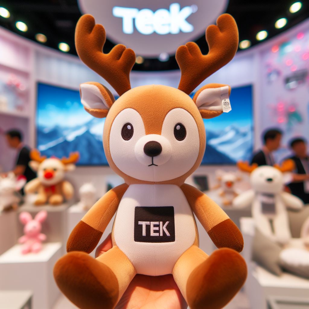 A custom plush toy resembling a reindeer with a company's logo in a tradeshow.
