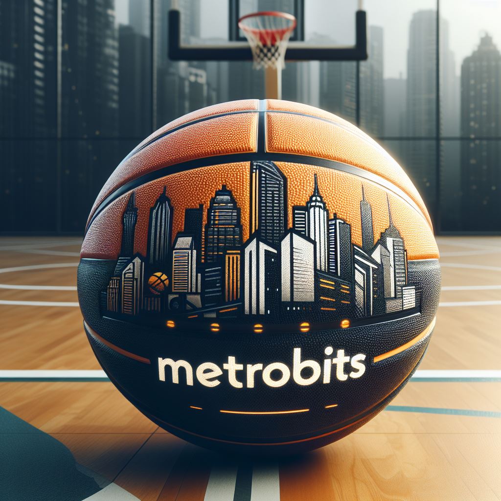 A custom basketball with a picture of skyscrapers and a company's logo.
