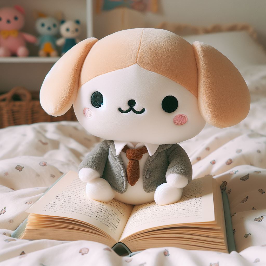 A cute custom plushie from a book that resembles a small puppy. It is sitting on a bed and reading a book.