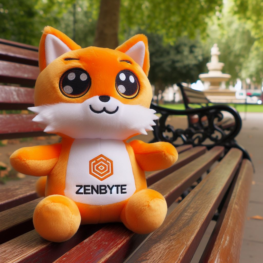 A fox-like character custom stuffed animal with the company's logo is sitting on a park bench.