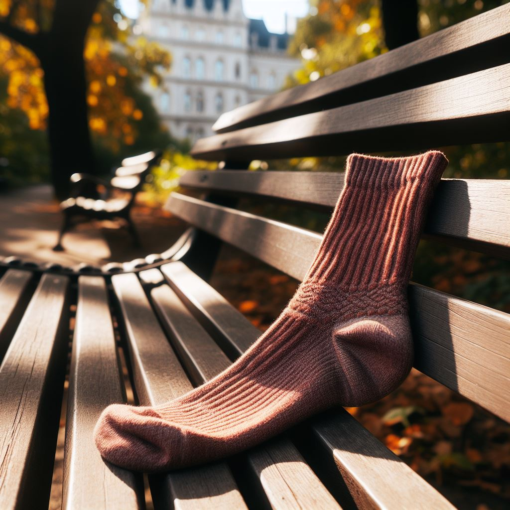 A custom sock in Rooibos Tea color. It is made by EverLighten. It is lying on a park bench.