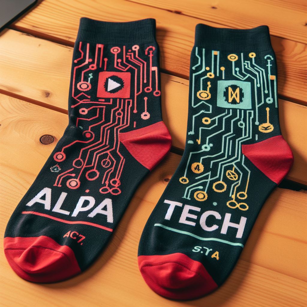 A pair of mismatched custom socks with a logo lying on a wooden table.