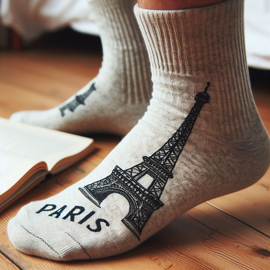 A custom sock with the Eifel Tower embroidered on it.