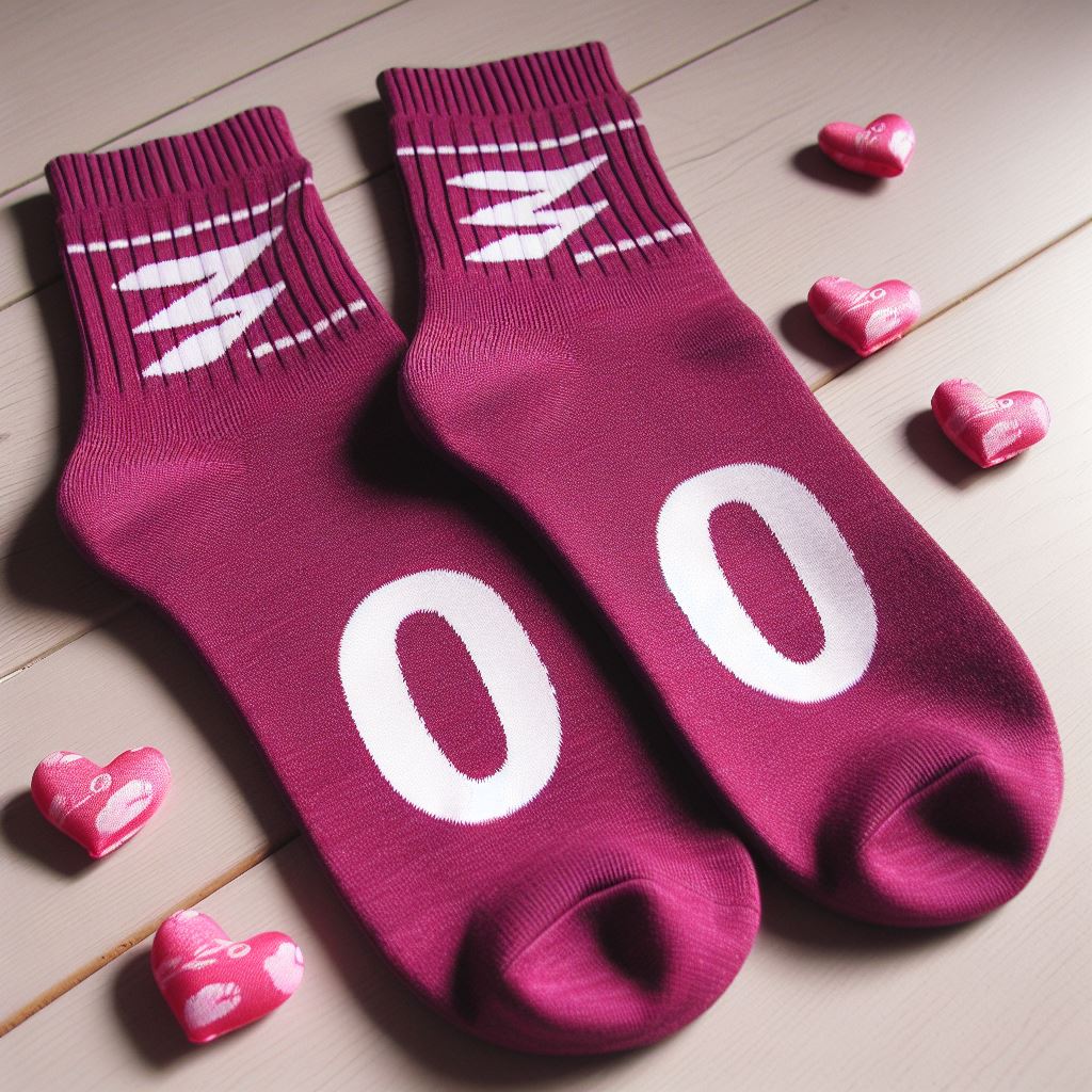 Magenta custom socks for Valentine's Day on the floor. It has a brand logo.