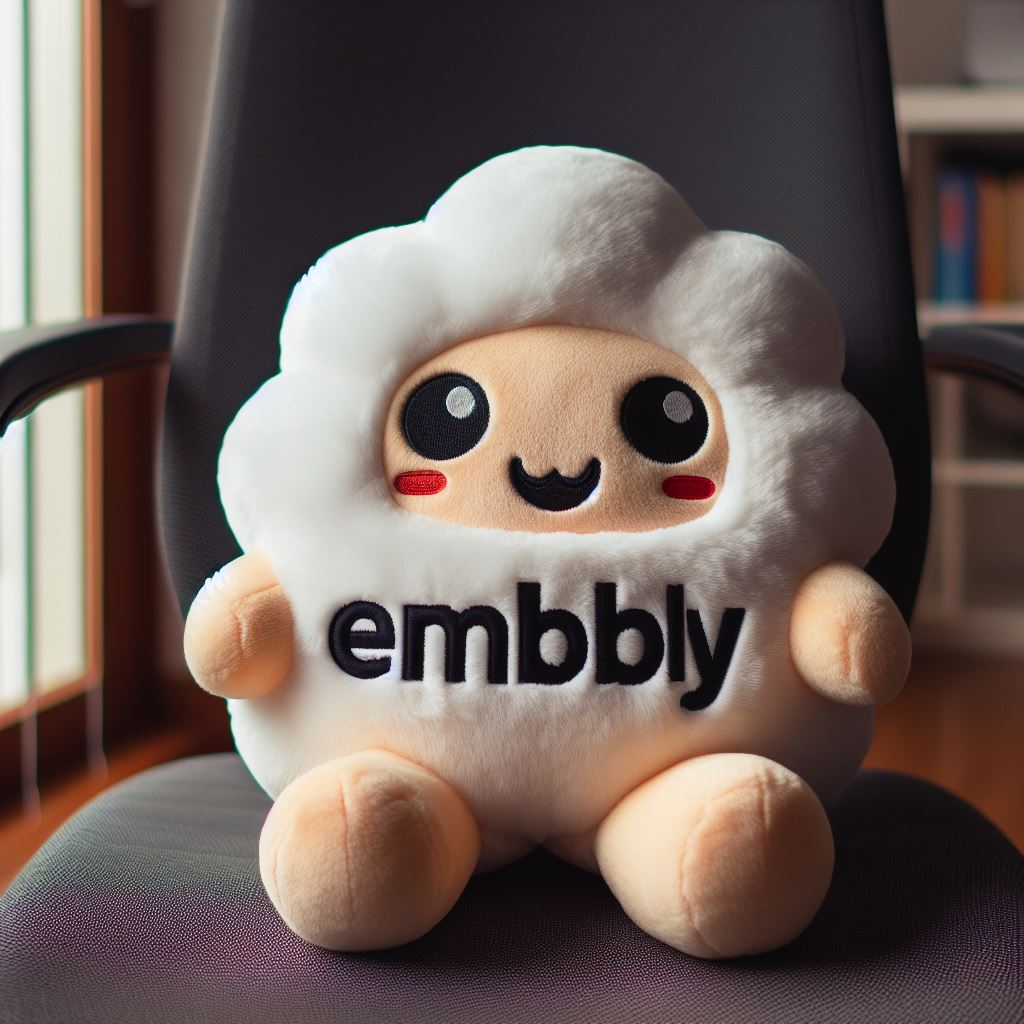 A custom plushie for a company with its logo on its chest. It is sitting on a chair.