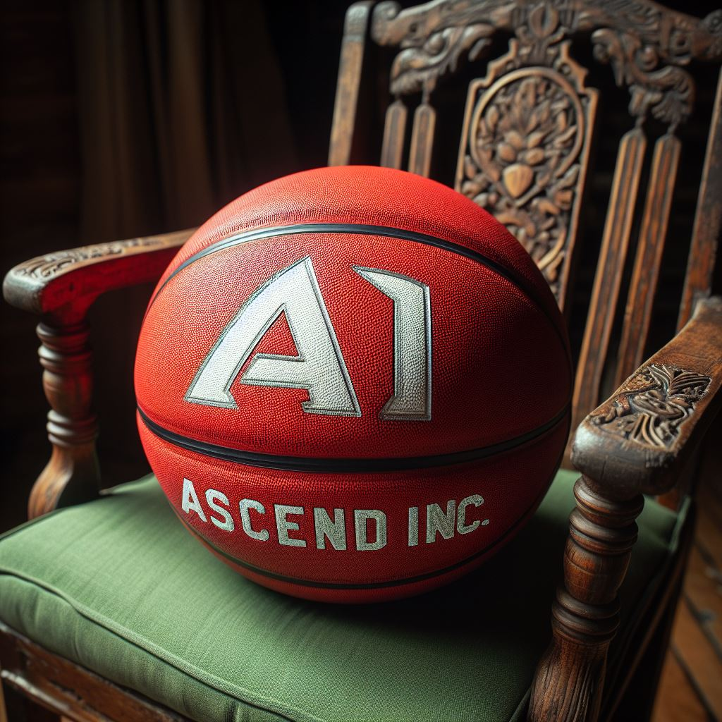 A coral-colored custom basketball with the company's logo on a chair.