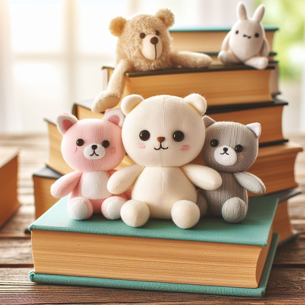 Cute little custom plush animals from books sitting on a book on a table.