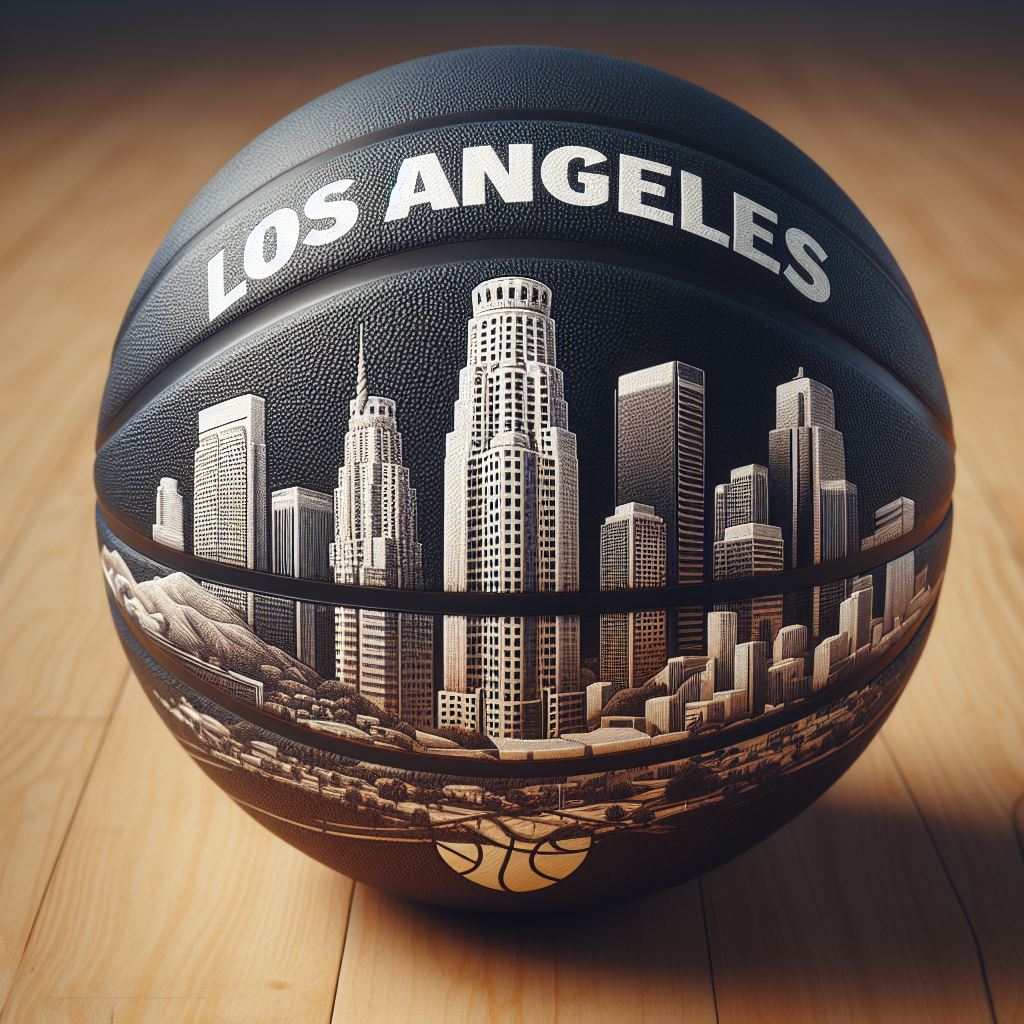 A custom basketball with the text Los Angeles and its skyscrapers on it.