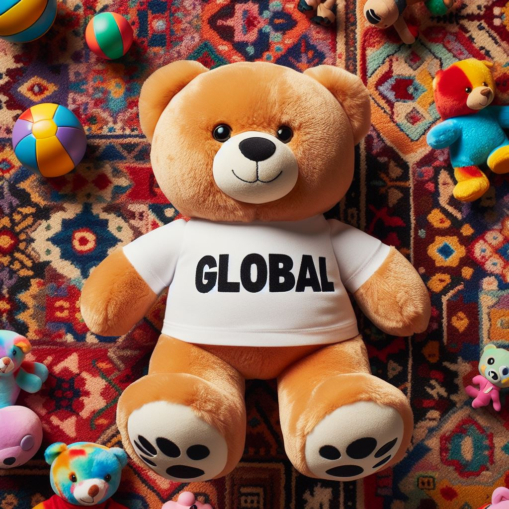 A cute custom plush toy teddy bear lying on a colorful carpet.