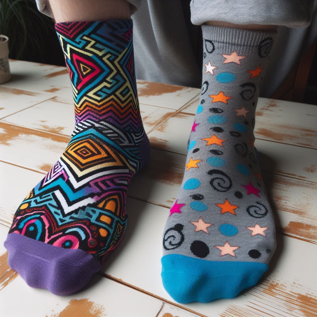 A person wearing uniquely designed custom socks that look mismatched.