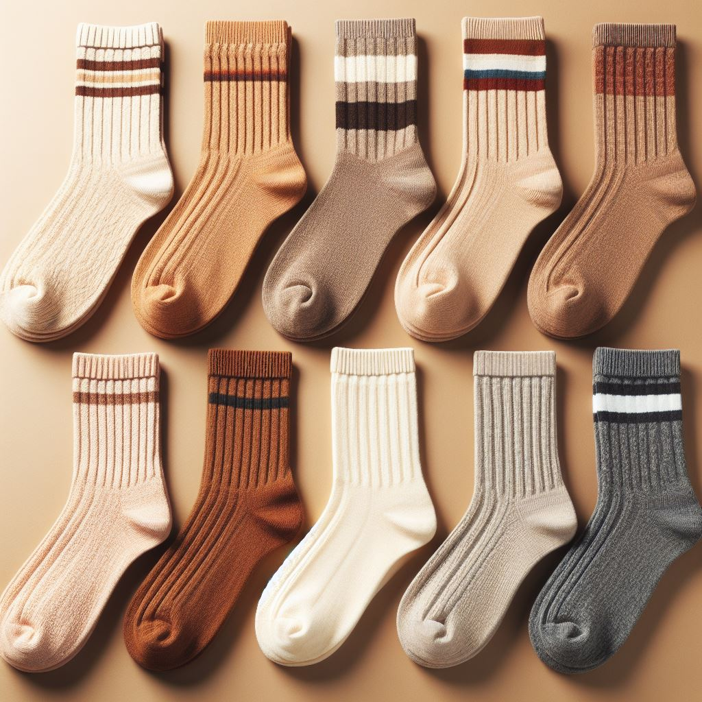 Custom socks in various colors, like brown, tan, etc., lying on a table.