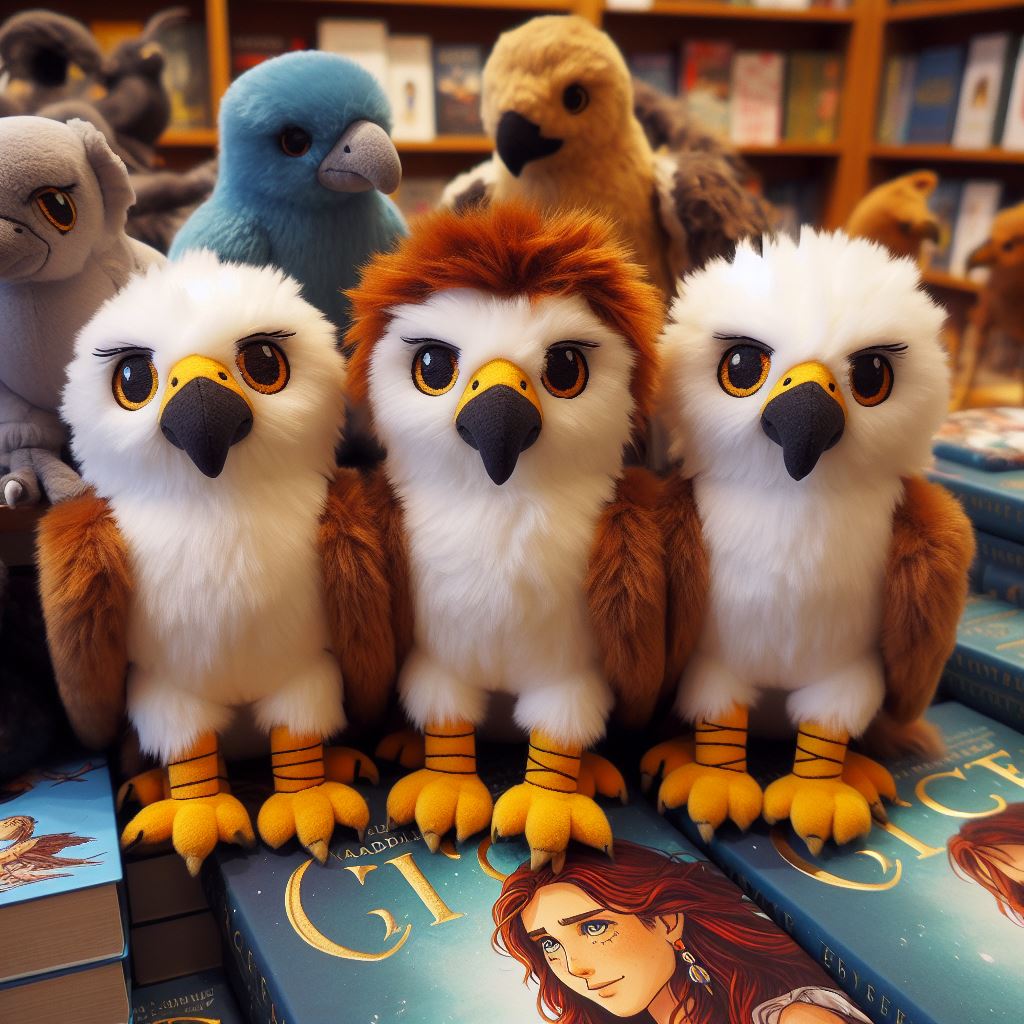 Custom plushies from the book Circe by Madeline Miller are kept in a book store.