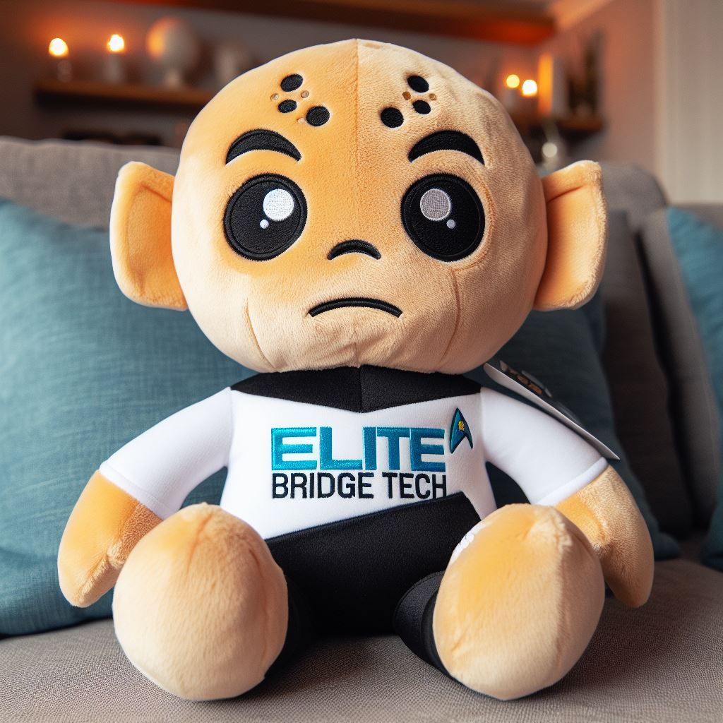 A custom stuffed toy is sitting on a sofa. It has the company's logo on its chest.