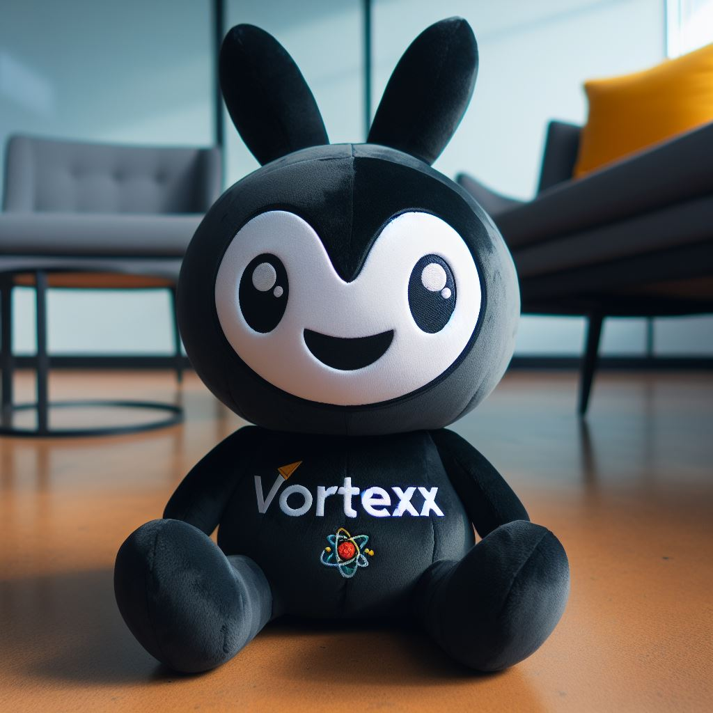 A custom plush mascot for a company in black color. It has the logo on its chest and sitting on the floor.