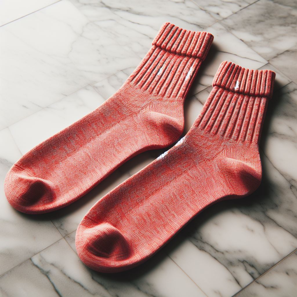Custom socks on the floor with lighter shades like coral or tomato red for a summery feel.