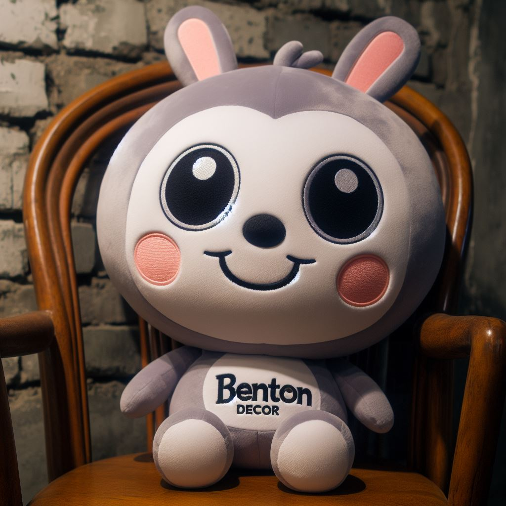 A cute custom plush toy with a company's logo on it sitting on a chair. It has a big head with big eyes and ears.