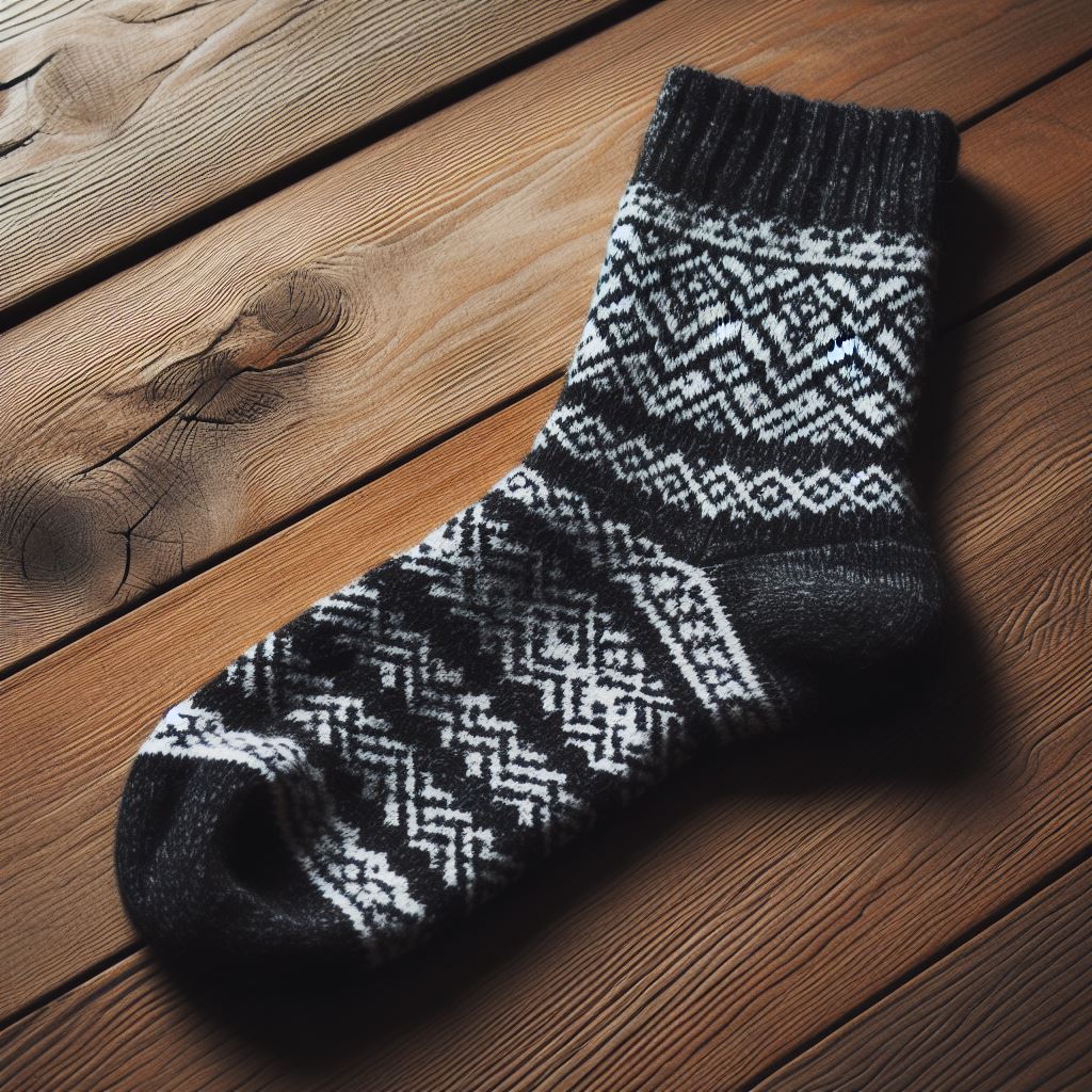 A monochromatic woolen custom sock lying on a wooden floor.