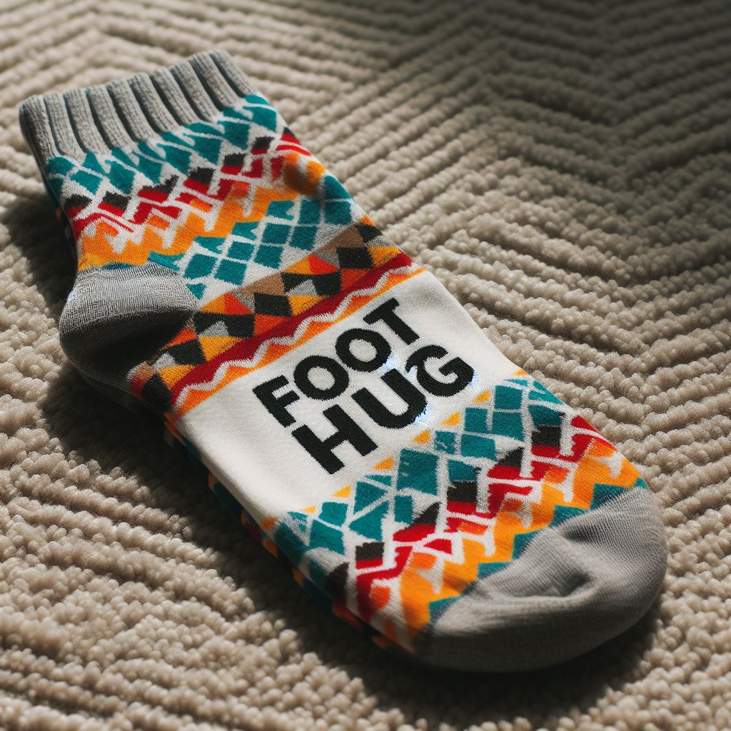 A geometric-patterned colorful custom sock with the logo in black.