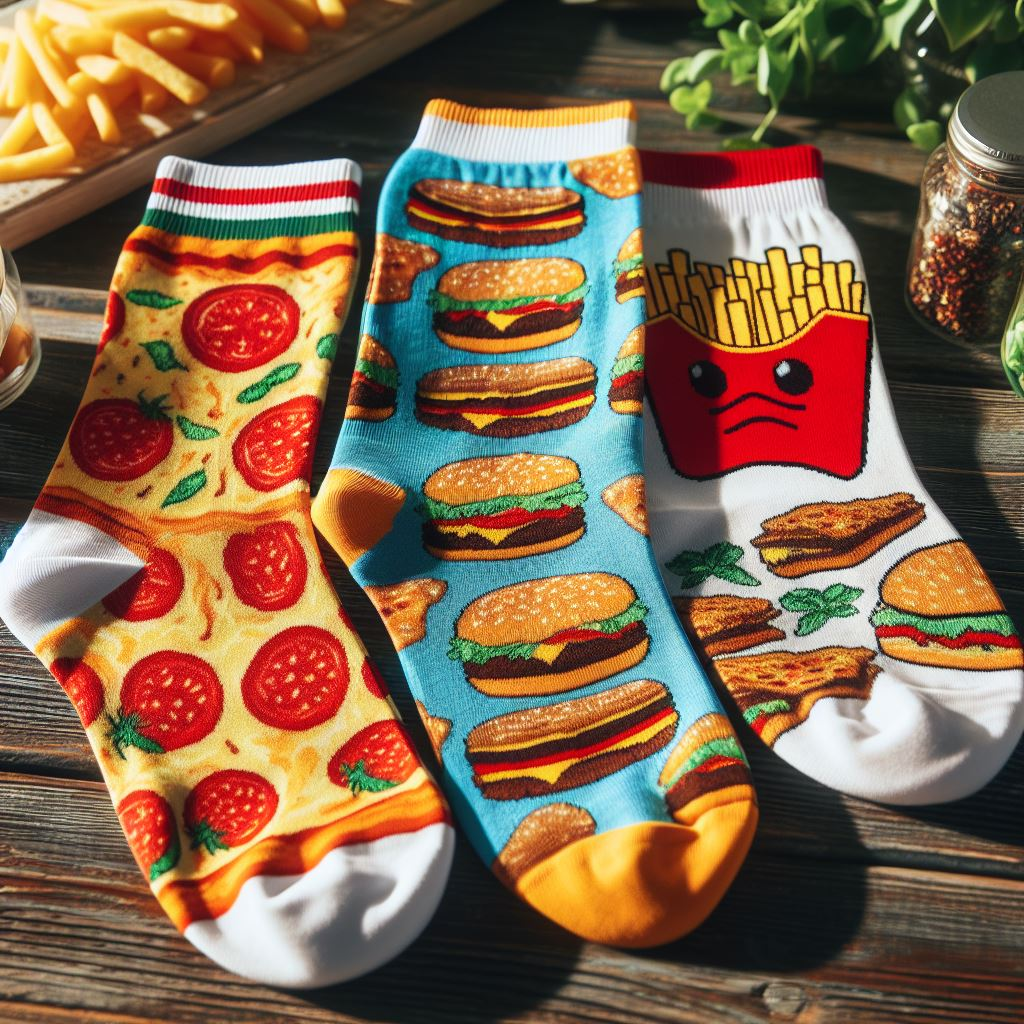 Custom socks manufactured by EverLighten lying on a table. They have images of popular snacks.