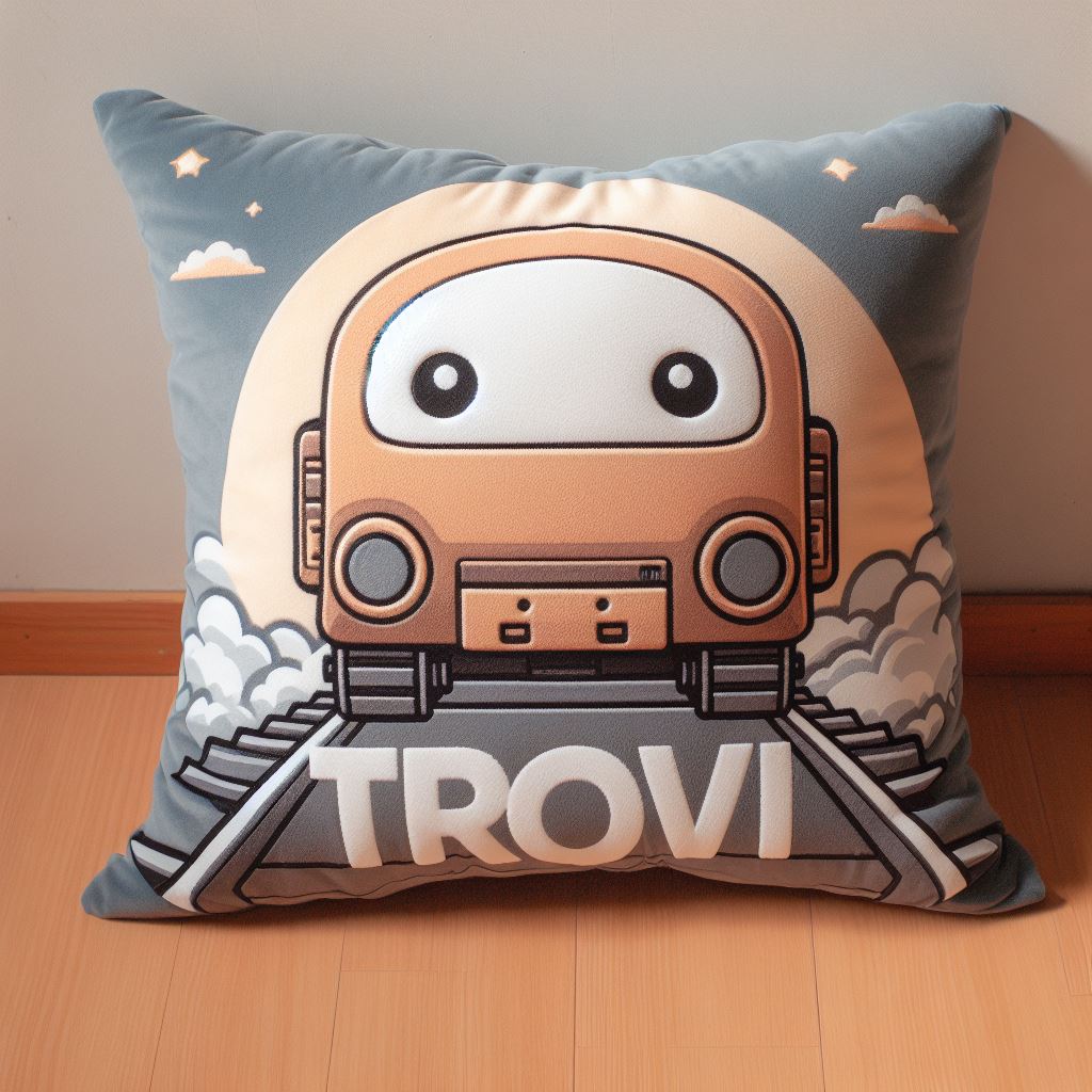 A custom plush pillow with the company's mascot printed on it.