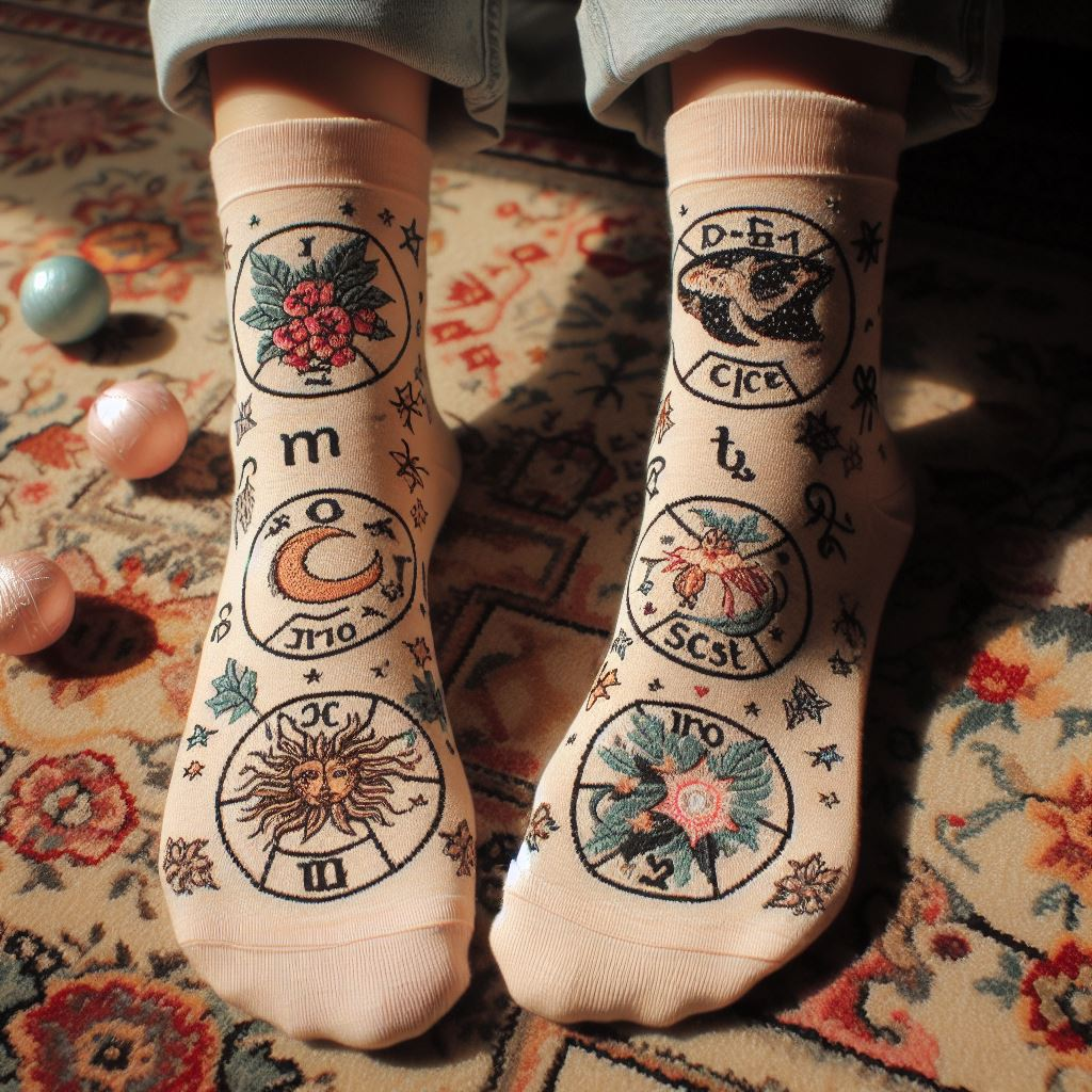 A person wearing custom socks with zodiac symbols embroidered on them.