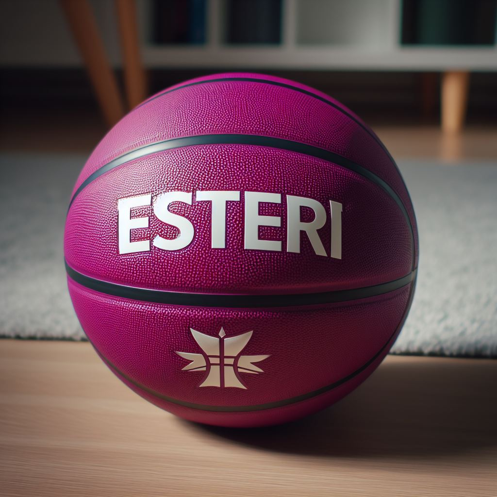 A magenta custom basketball with the company's logo. It is on the floor.