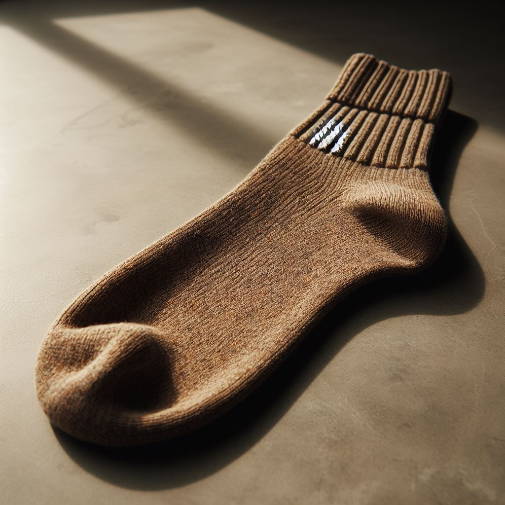 A custom sock in a warm, khaki shade. It is made by EverLighten. It is lying on the floor.