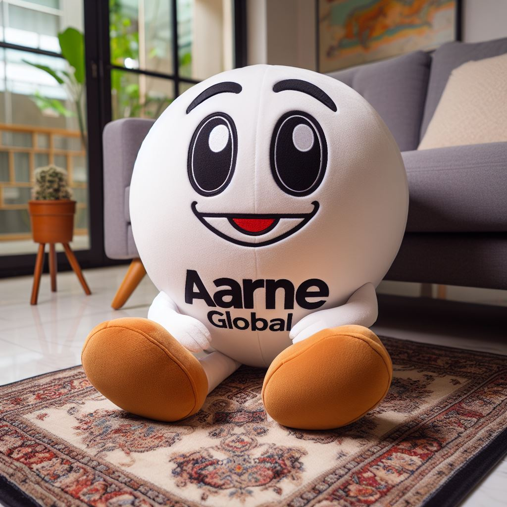 A custom plushie mascot for a company. The logo is on its round body.