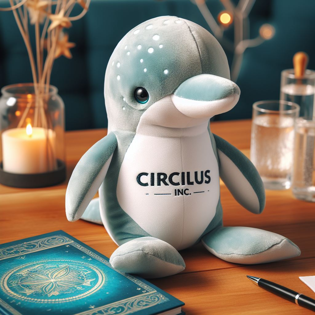 A dolphin character custom plush toy with the company's logo is sitting on the floor.