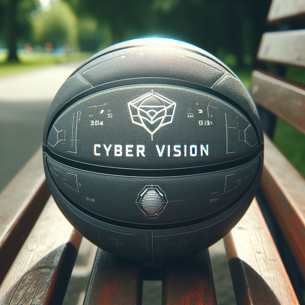 A gray custom basketball with a company's logo on a park bench.