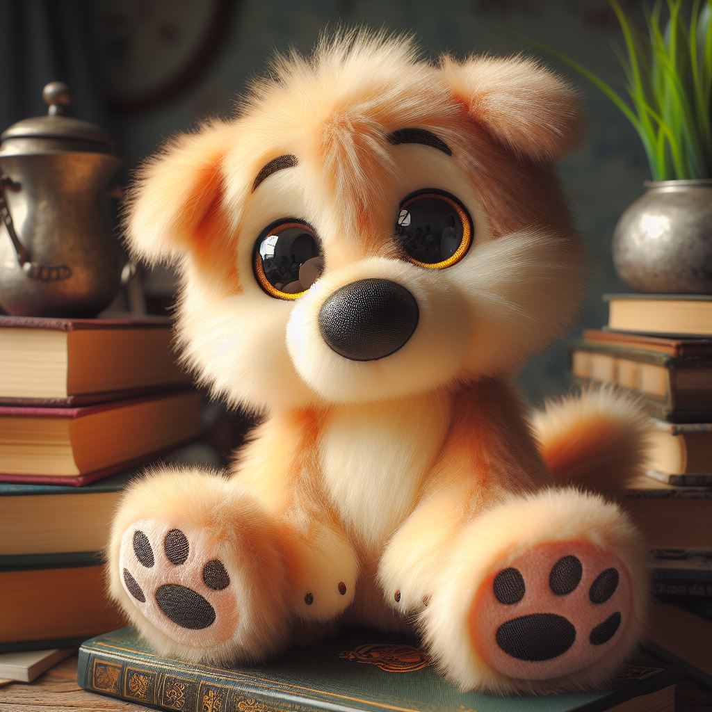 A cute custom plushie from a book sitting on a table with books.