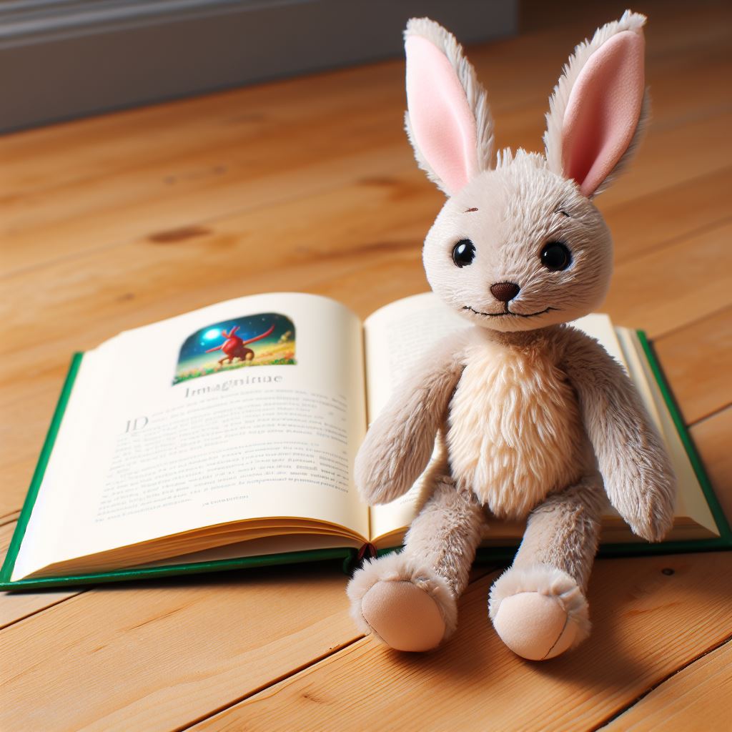 A cute bunny custom stuffed animal from a book. It is sitting on the floor beside a book.