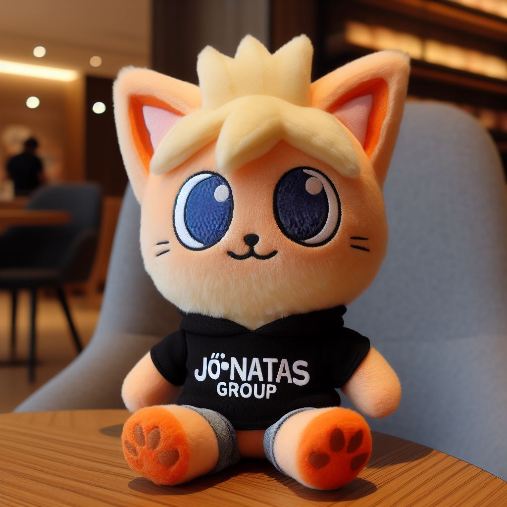 A cute little cat custom plush toy with the logo on its t-shirt. It is sitting on a table.