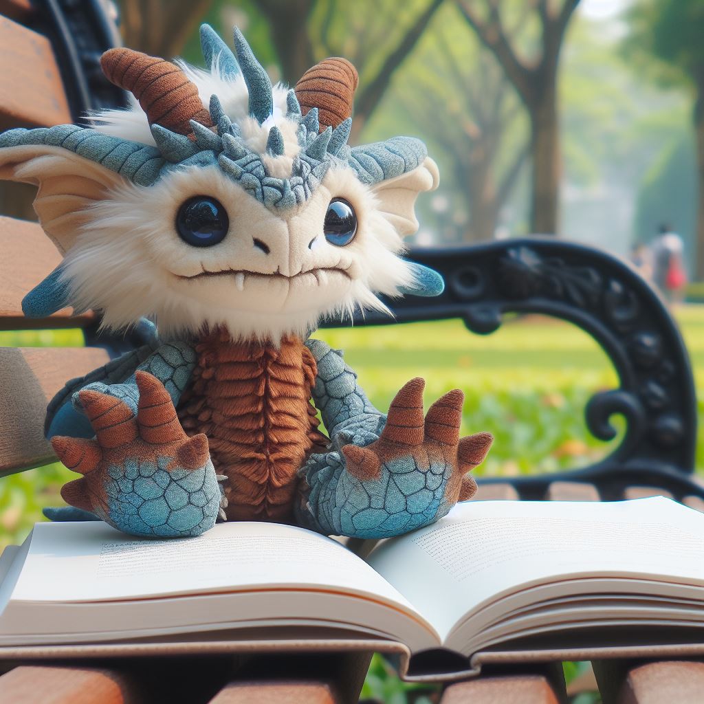 A dragon custom plush toy from a book. It is sitting on a park bench.