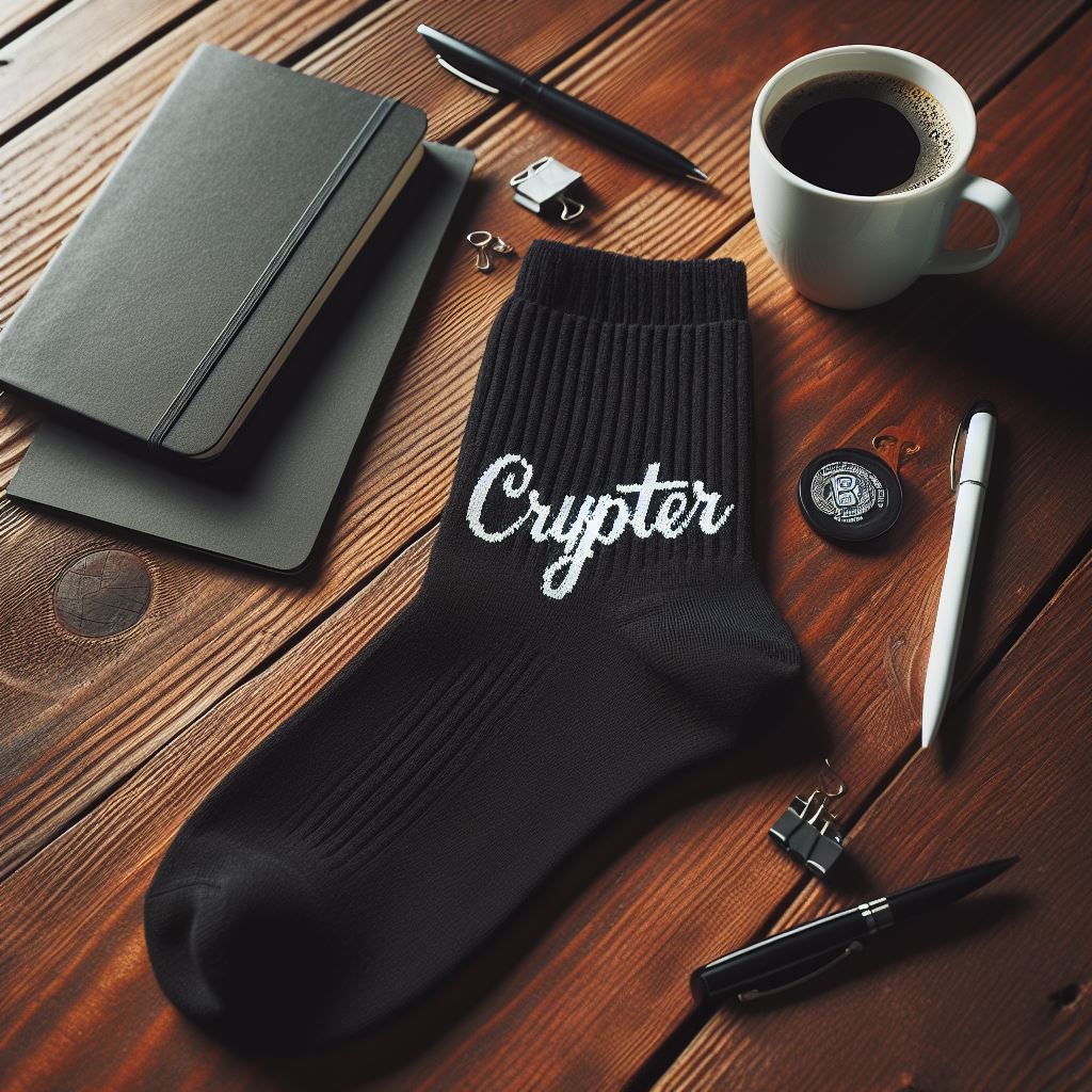 A black custom sock with a logo on a table.