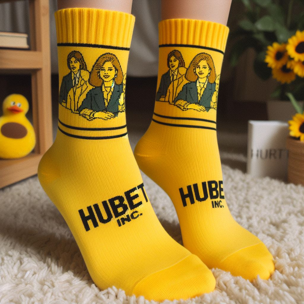 Yellow custom socks to celebrate Women's Day with a company logo and motivational women figure on it.