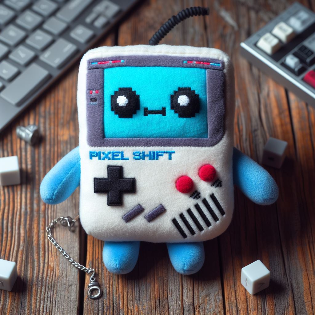 A custom plush toy that looks like an old gaming console.