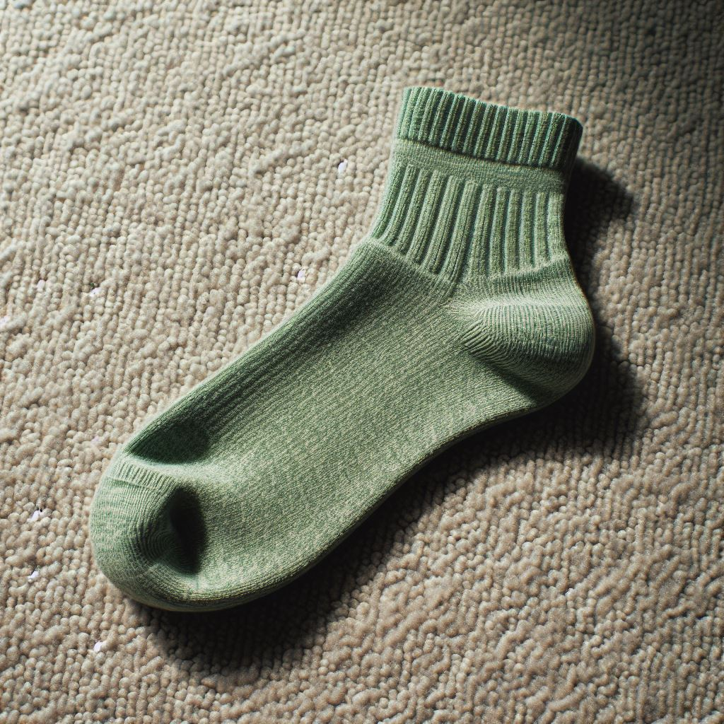 A custom sock in Watercress color. It is made by EverLighten. It is lying on a carpet. 