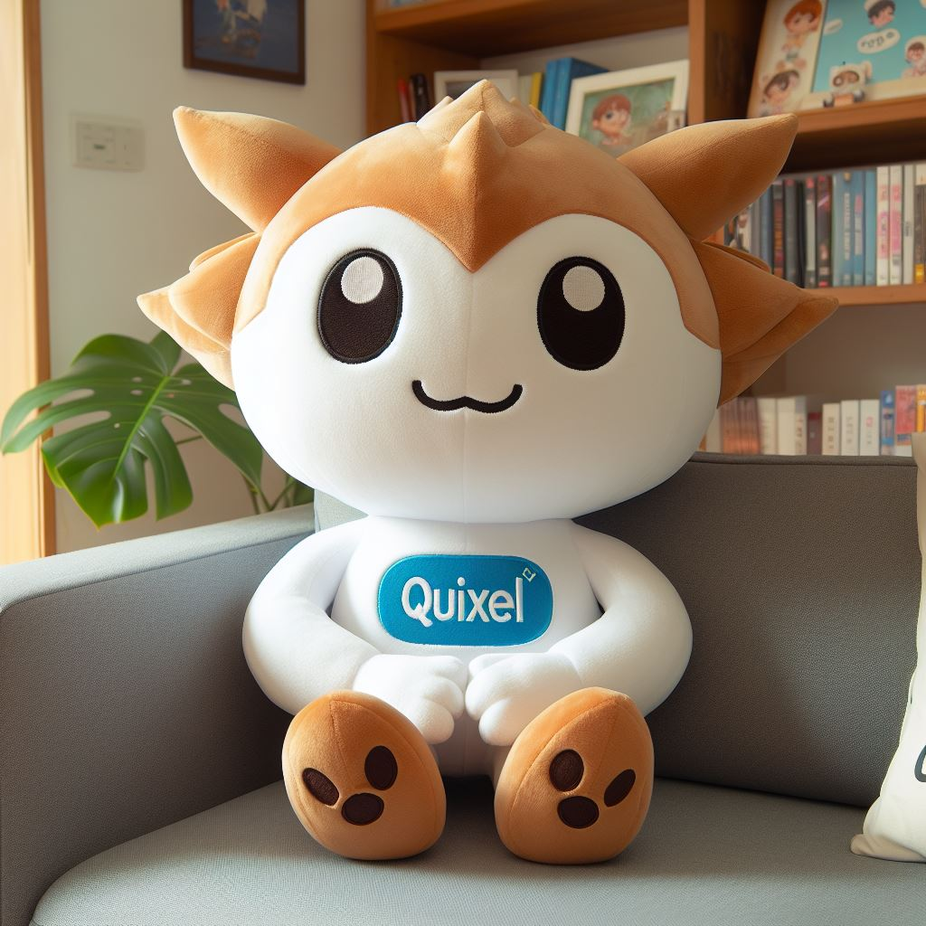 A custom stuffed toy for an organization. It is sitting on a sofa.