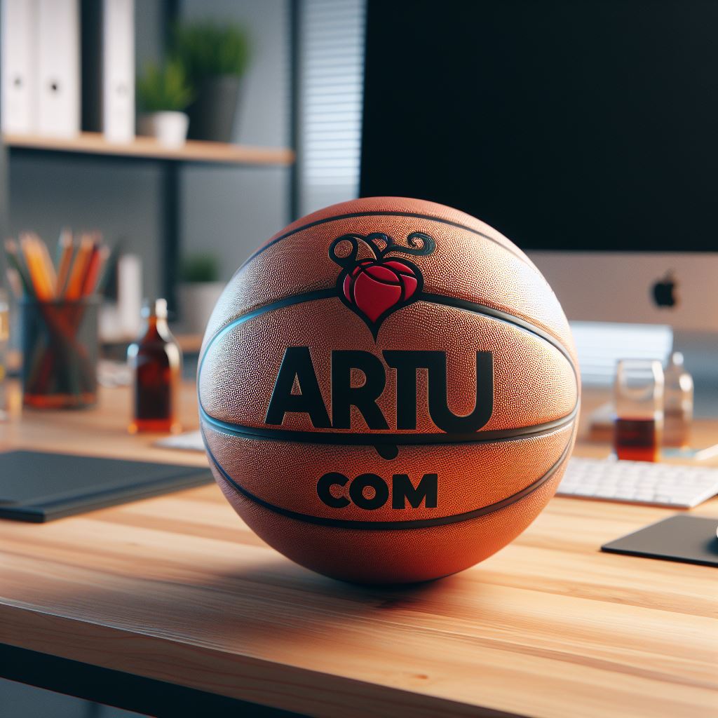 A custom logo basketball on a table.